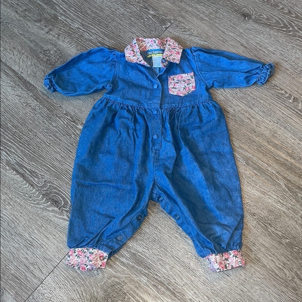 Baby superstore size 6/9 months Blue Denim Baby Jumpsuit with Floral Accents